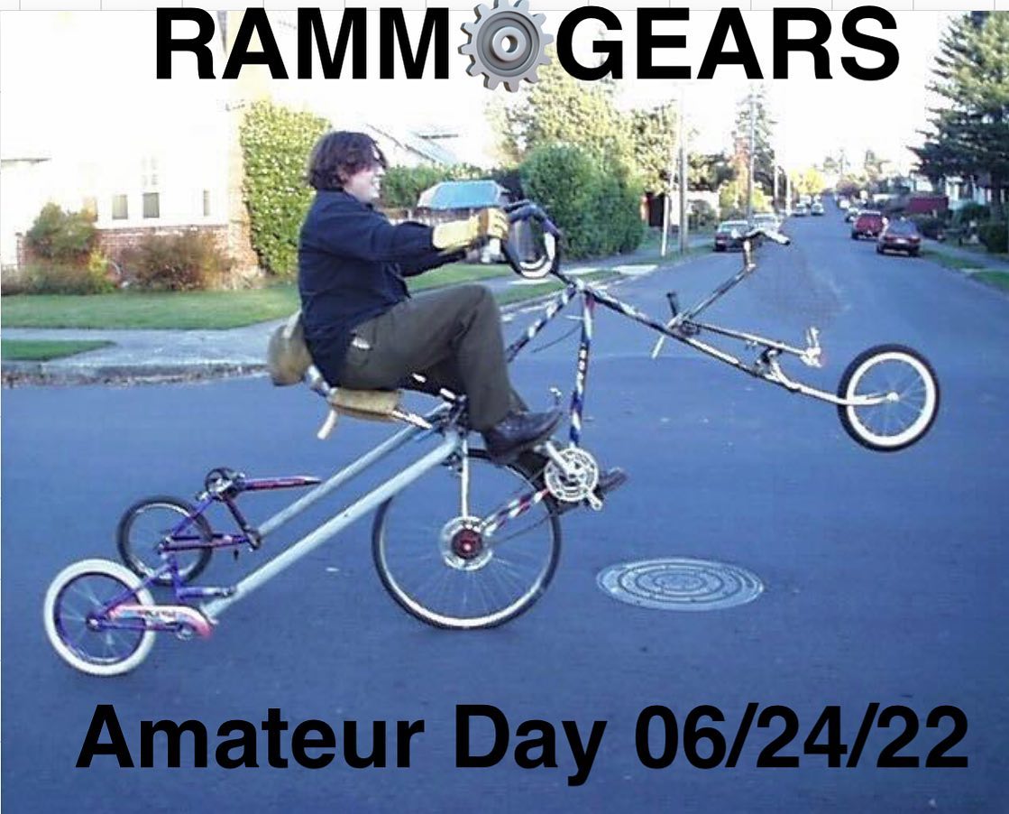 Reminder Friday at Mary Mumford 0530 Amateur RAMM Gears. Bring your Huffys, Beach Cruisers, Tandems, Unicycles, Schwinns, Skateboards, Roller Blades and/or Rollar Skates. It will be a good time. Street Cred for most ridiculous mode of transportation.