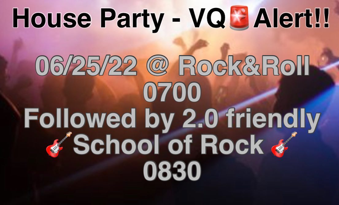 Come show F3RVA’s House Party support on the occasion of his VQ this Saturday at Rock&Roll- located at Rockwood Park. Afterwards we will be having our monthly School of Rock 2.0 workout. SYITG!!