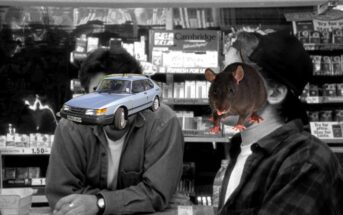 Scene from clerks with a Saab and a rat superimposed on their faces